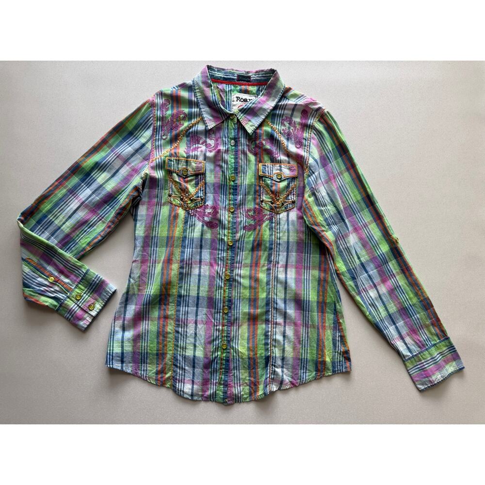 Roar Women's Green Multi Plaid Embroidery Western Button Down Shirt Size XL